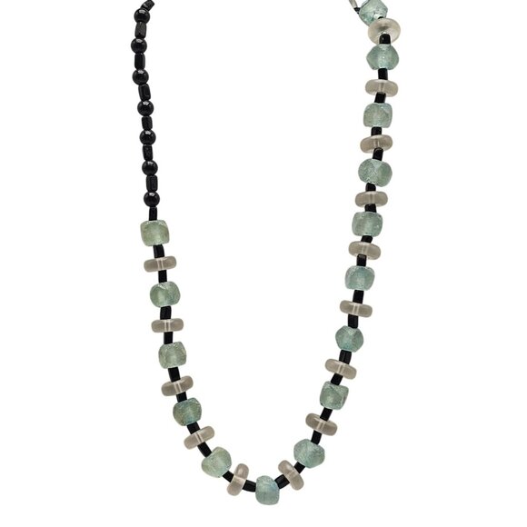 Handcrafted Recycled Green Glass Black Bead Necklace With Toggle Clasp - Picture 1 of 6